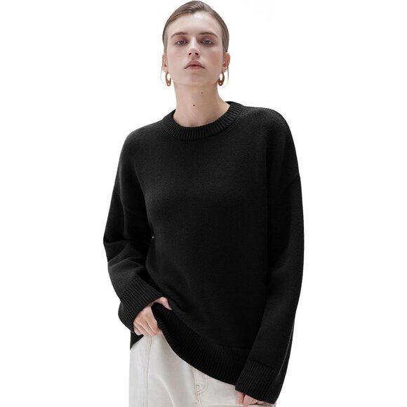 Sweaters - Women Cashmere Blend Oversized Crew Neck Jet Black Soft Warm Pullover Sweater